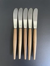 Set of 5 Vtg Japan Stainless 6⅛" Butter Spreader Cheese Knife Server Wood Handle