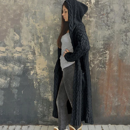 Abrigo cárdigan tejido con capucha manga larga suéteres cálidos chaqueta talla grande para damas - Imagen 18 de 29
