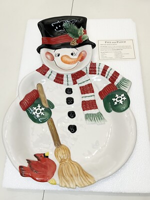 2004 Fitz and Floyd Christmas Chip & Dip Platter, Holly Jolly Snowman 2063/65