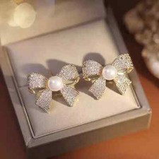 Pearl Bow Decor Stud Earrings Fashion Personality Elegant Jewelry Women