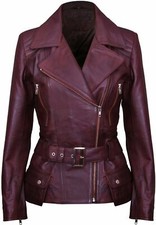 Ladies Brown Long Feminine Genuine Nappa Leather Retro Vintage Biker Jacket