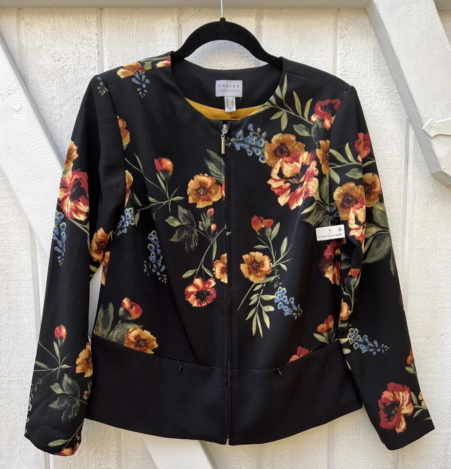 New $98 Susan Graver black Peach Floral full zip Bomber Jacket Womens 2 small X6 - Image 2 of 4