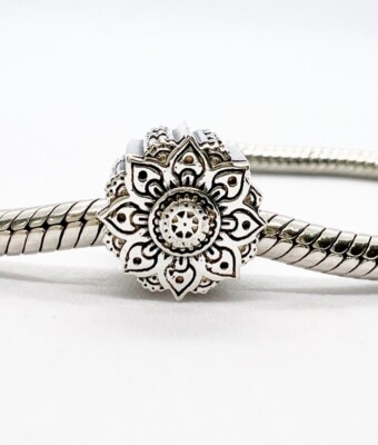 Vintage Lotus Blume Charm Bead Floral Echt 925 Sterling Silber  