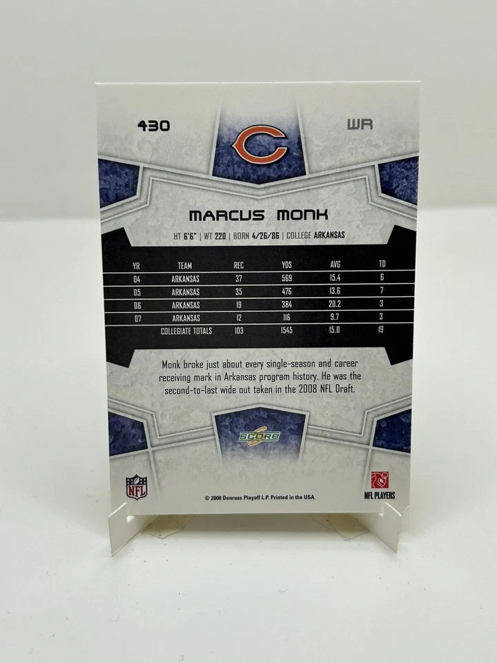 2008 Score Football Gold Super Bowl XLIII #430 - Marcus Monk RC - Chicago Bears - Image 2 of 2