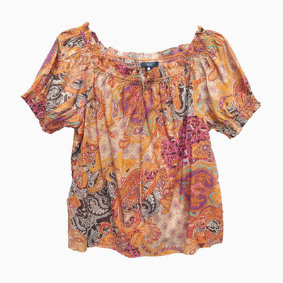 1X  CHAPS BOHO 100% COTTON LIGHTWEIGHT ON/OFF SHOULDER TIE FRONT BLOUSE TOP NEW