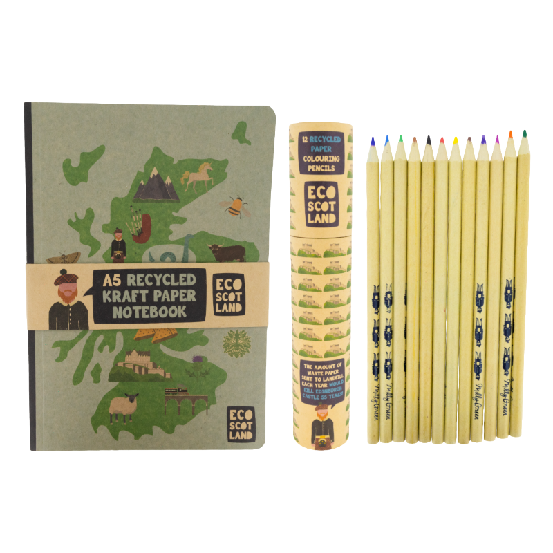 Scotland A5 Kraft Paper Notebook & 12 Recycled Paper Colouring Pencils Set