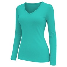 Womens V Neck Long Sleeve Plain T-Shirt Ladies Casual Basic Tee Top Slim Fit Top
