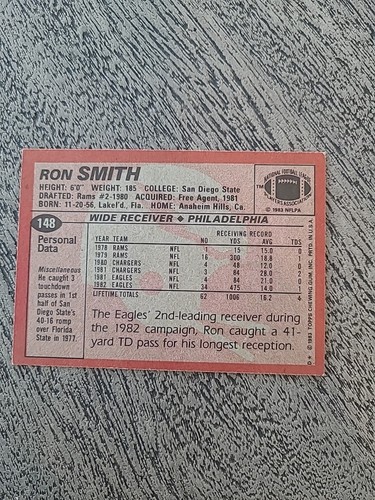 1983 Topps Rookie RC #148 Ron Smith Philadelphia Eagles Football Card - Picture 2 of 2