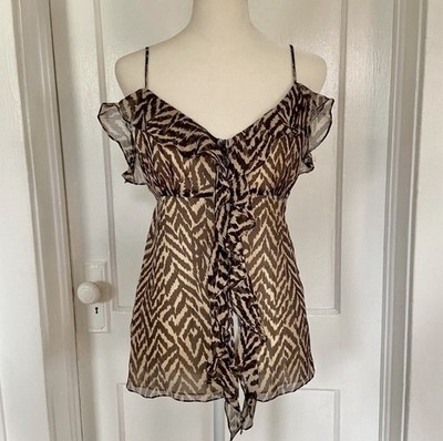 Milly Brown Animal Print Sheer Ruffle Sleeveless Camisole Blouse Size 10 Y2K