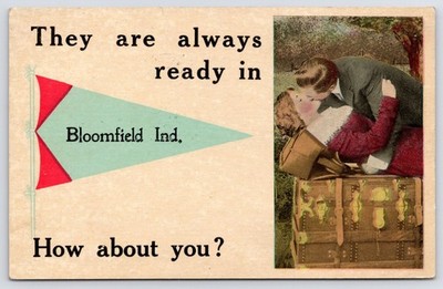 Bloomfield~Honeymooning Couple Smoochin' on Steamer Trunk~Pennant~Alfred Farley