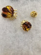 Vtg nos gold tone brown lucite Beetles Bug combo Pins