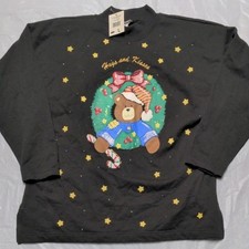 Vintage Christmas Teddy Bear Cute Black Lightweight Sweatshirt Wreath NWT Sz Lg
