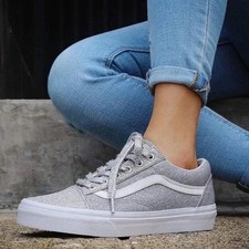 Vans Old Skool Silver Glitter True White Skate Shoes Women 6 Men 4.5 Low Top