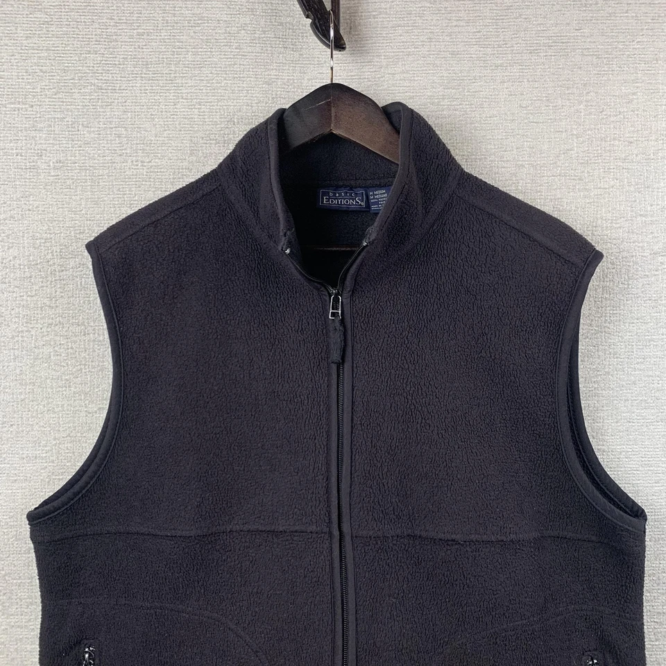 Chaleco Ediciones Básicas Para Hombre Mediano Negro Vellón Cremallera Completa Bolsillos con Cremallera Cuello Soporte Foto 2 de 4