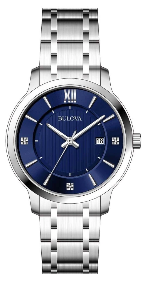 Bulova Men's Blue Quartz Watch Diamond Markers Date Window 40MM 96D152