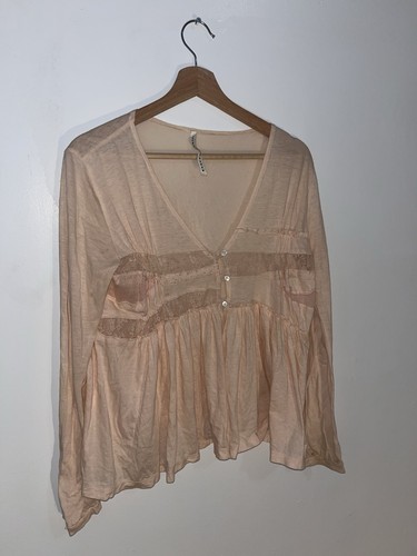 Sunao Kuwahara  Light Pink Sheer Lace Button Tunic Blouse V-Neck Long Sleeve XS