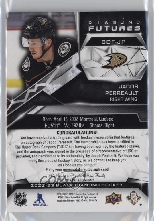 2022-23 Black Diamond Futures Premium Relic /25 Jacob Perreault Rookie Auto RC - Image 2 of 2