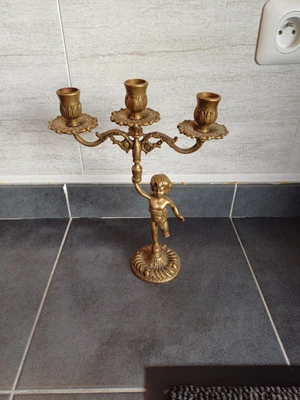 ANCIEN CHANDELIER BOUGEOIR Trois FEUX CHERUBIN ANGE EN Laiton Plein CANDELABRE - Photo 1/4