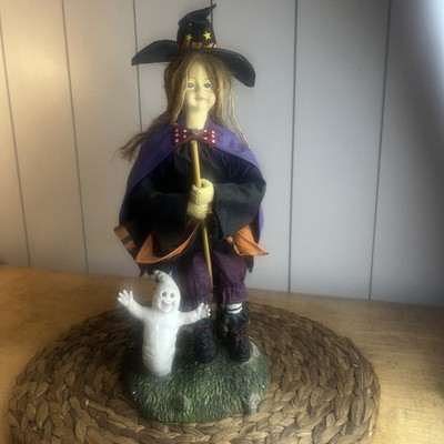 Vintage (?) Halloween Fabric Mache Witch On A Broom Decoration W/Ghost & Pumpkin