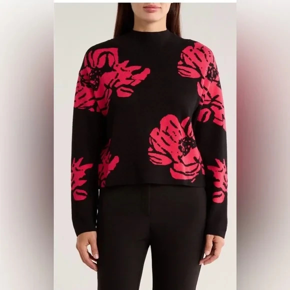 T Tahari Women’s Size Large Black Floral Mock Neck Jacquard Sweater