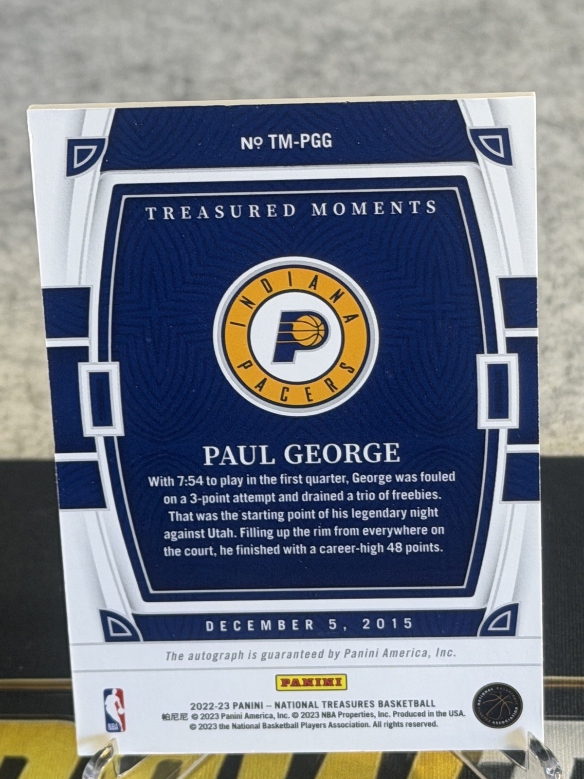 Panini Paul George Auto 2022-23 Nat Treasures Treasured Moments TM-PGG Pacers view 2