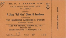 PT Barnum's Tent Ticket 1967 Circus Saints and Sinners Club of America