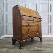 Antique Oak Bureau Writing Desk Chest of Drawers Solid Wood - Queen Anne Style