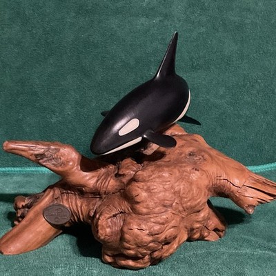 John Perry Orca Whale Figurine Resin Wood Driftwood Base Handmade Collectible
