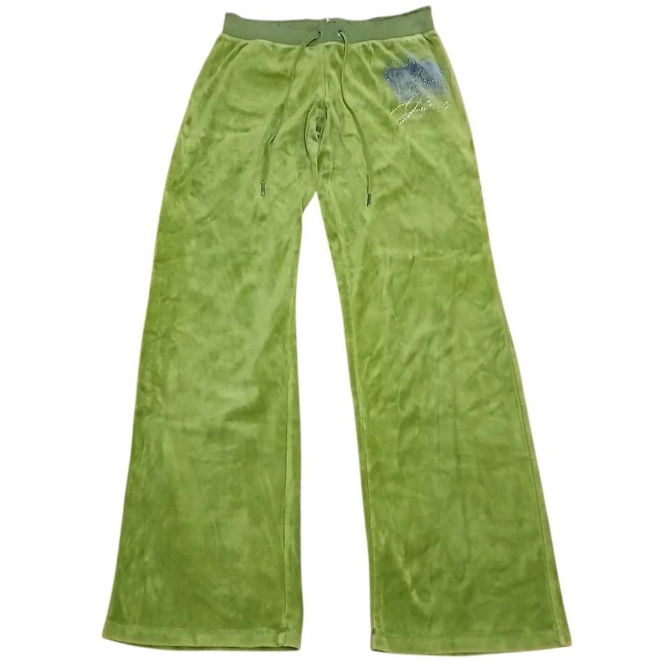 Женские брюки Juicy Couture среднего размера зеленые велюровые Y2K с заниженной талией и расширяющимися карманами - Изображение 2 из 4