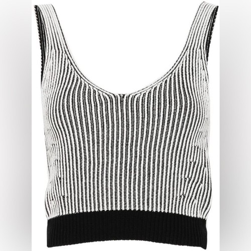 Camiseta sin mangas DKNY cuello en V punto acanalado estilo 100% algodón blanco y negro talla mediana - Imagen 7 de 7