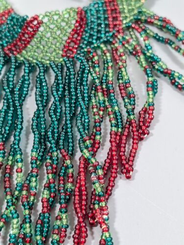 Artisan Green Red Glass Woven Fringe Bib Choker Tribal Style Necklace - Picture 5 of 9