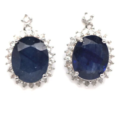 925 Sterling Silber 8 X 10 Mm. Blaue Saphir & Weiße Zirkon Ohrringe - Bild 1 von 4