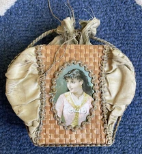 Vintage Victorian Wicker Sewing Basket Satin Lining with Embellishments