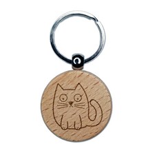 Wary Kitty Cat Engraved Wood Round Keychain Tag Charm