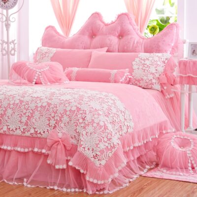 Luxury Princess Lace Bedding Set Duvet Cover Bed Skirt Pillowcases Home  Textiles