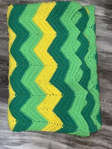 VTG Retro Green Yellow Chevron Stripe Afghan Throw Blanket Crochet Knit 69x44 - Picture 1 of 8