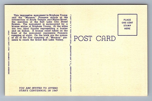 Postkarte Vintage Utah The Pioneer Monument Salt Lake City - Bild 2 von 2