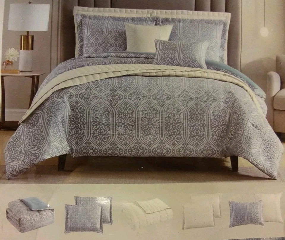 por diseño 8 piezas Juego de edredón y edredón talla Queen Kimmel-azul Foto 3 de 4