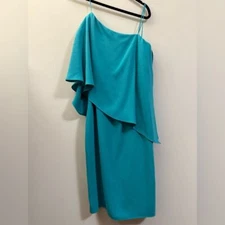 Carmen Marc Valvo One Shoulder Draped Sheath Knee Length Dress in Blue Teal - 6