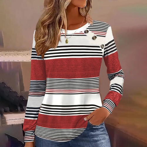 Women Striped Crew Neck Long Sleeve Casual T-Shirt Button Tunic Tops Blouse Tee - Picture 19 of 21