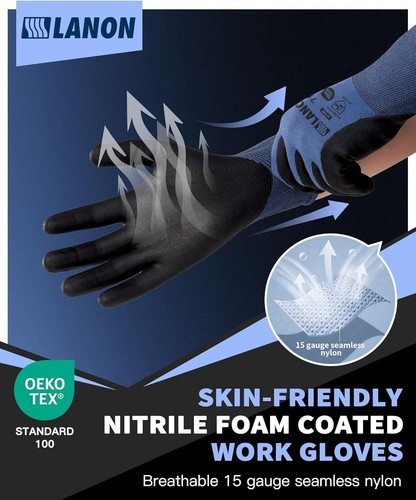 3 pares de guantes de trabajo de seguridad recubiertos de nitrilo LANON para hombre y mujer, tamaño mediano - Imagen 3 de 7
