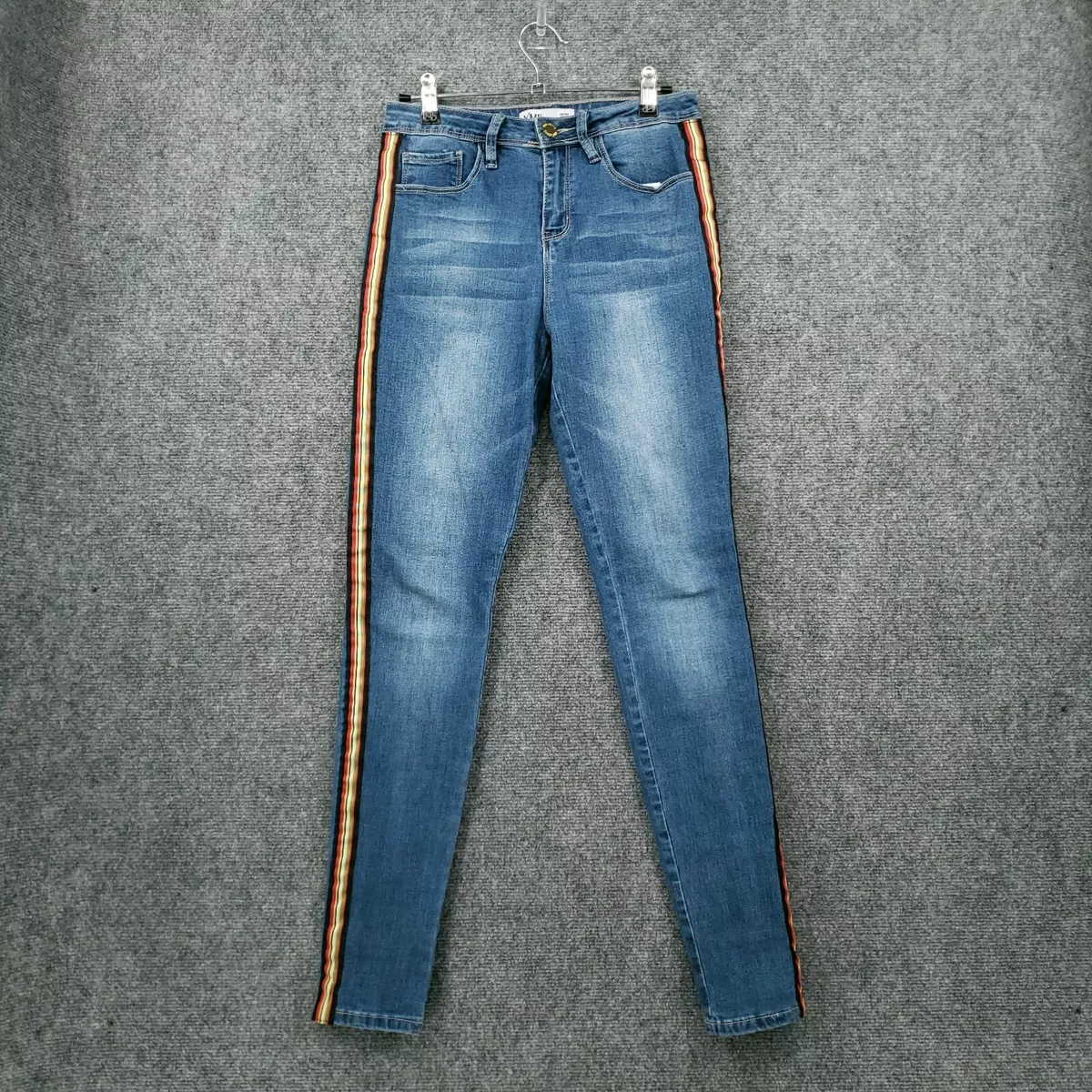 YMI Jeans Womens 3 High Rise Skinny Leg Side Striped Stone Wash Blue Denim
