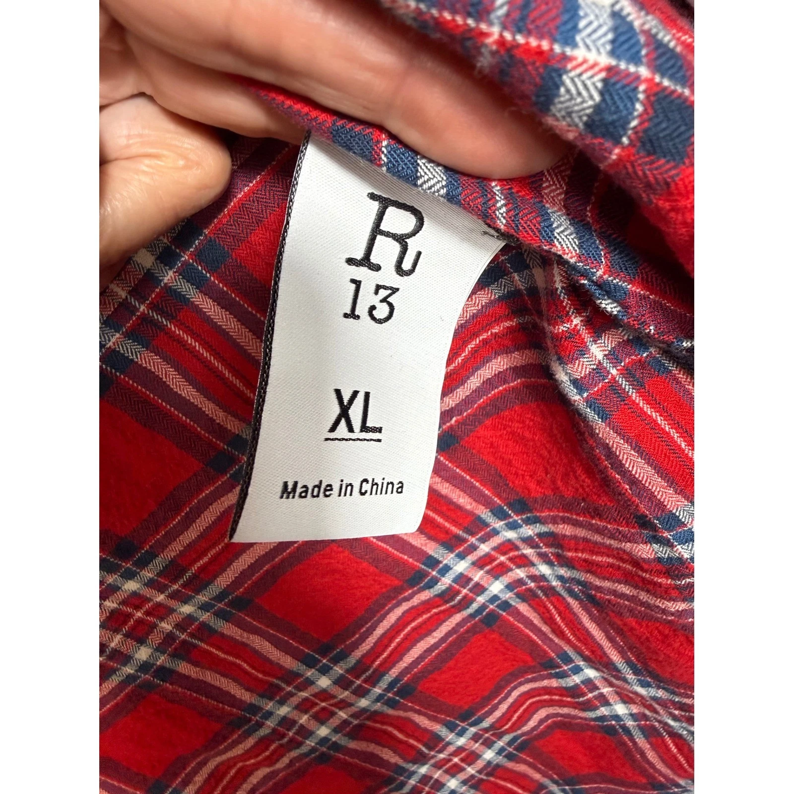 R13 Flight Shirt Mens XL Red Plaid Japanese Fabric Zip Up Bomber Jacket Longline - product detail image 4