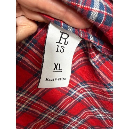 R13 Flight Shirt Mens XL Red Plaid Japanese Fabric Zip Up Bomber Jacket Longline image 4