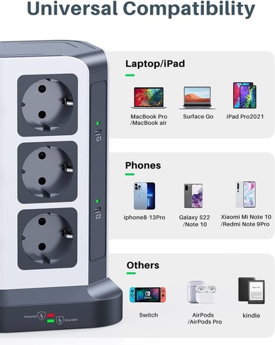 USB-C PD3.0 Steckdosenturm | 12-Fach Leiste mit Überspannungsschutz - Bild 8 von 9