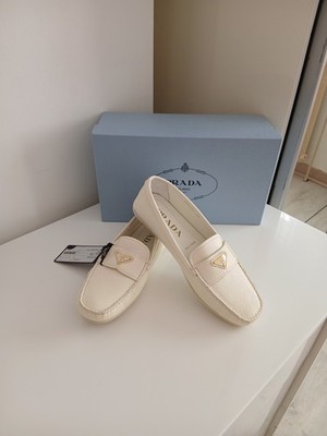 Prada Halbschuhe Driving Leder Weiß Triangle Logo 37 Neu Box Etikett,