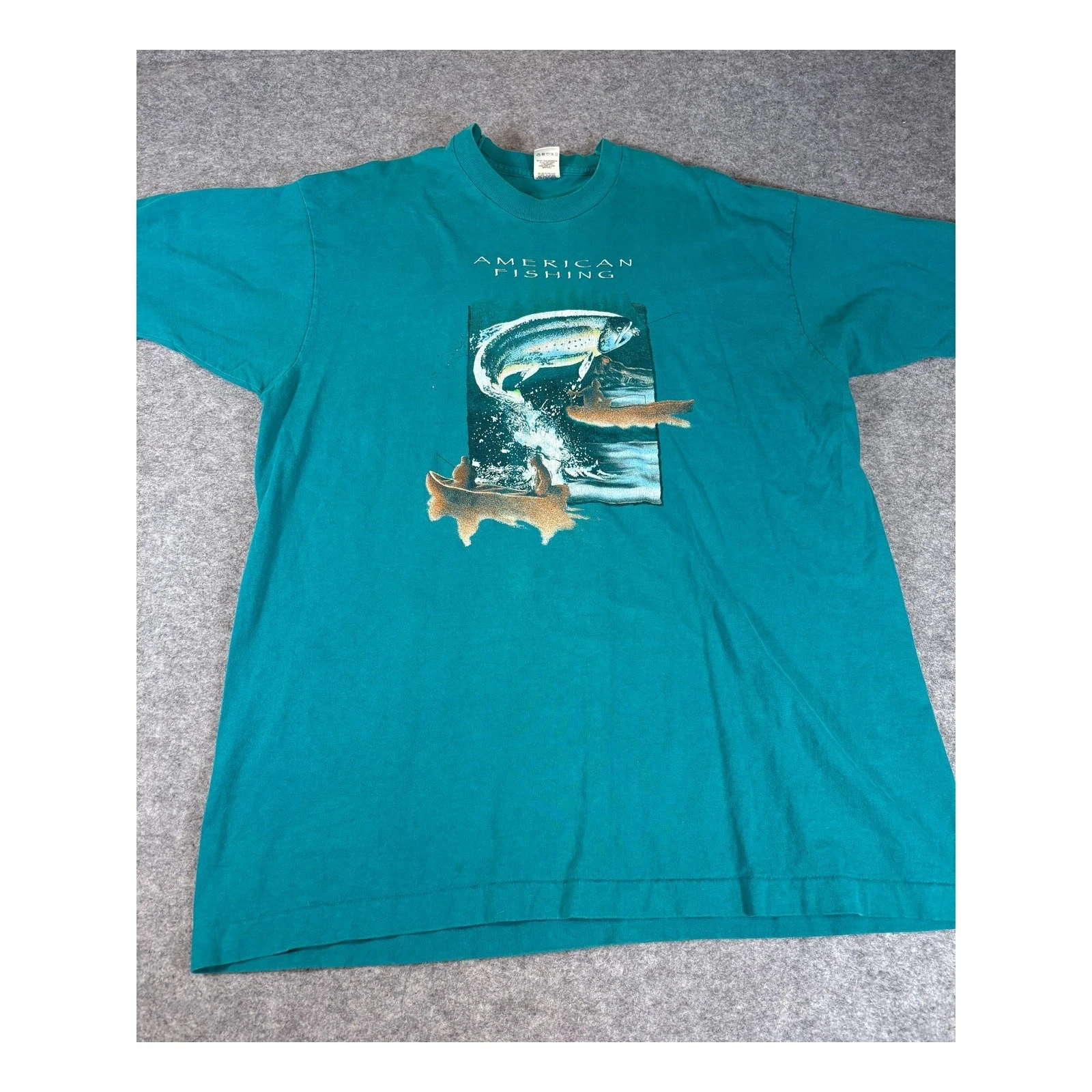 VINTAGE American Fishing Shirt Mens XL Blue Graphic Short Sleeve Tee Streetwear