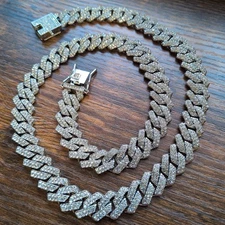 Moissanite Cuban Link Chain Necklace Wide Iced Out 22 Inches Long, Silver Tone 