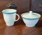 MCM Vintage Pyrex Turquoise Blue Rim Sugar Bowl W/ Lid and Creamer Set