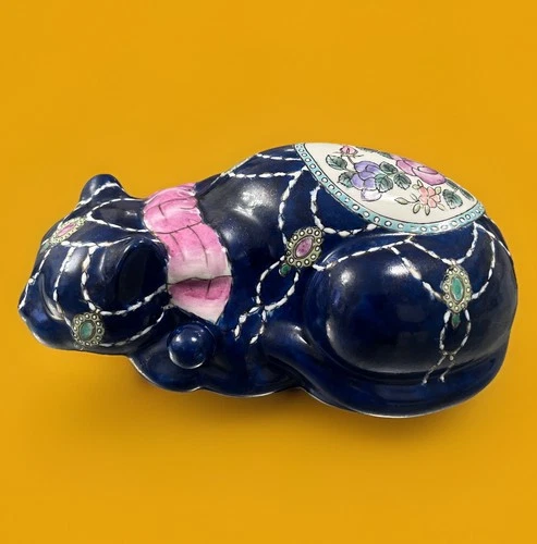 Sleeping Cat Figurine Porcelain Hand painted Navy W/Floral Design 10” X 5” X 4”